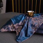 protège oreiller classique fleurs bleu marine beige broderie polyester lit chambre coucher couple deco