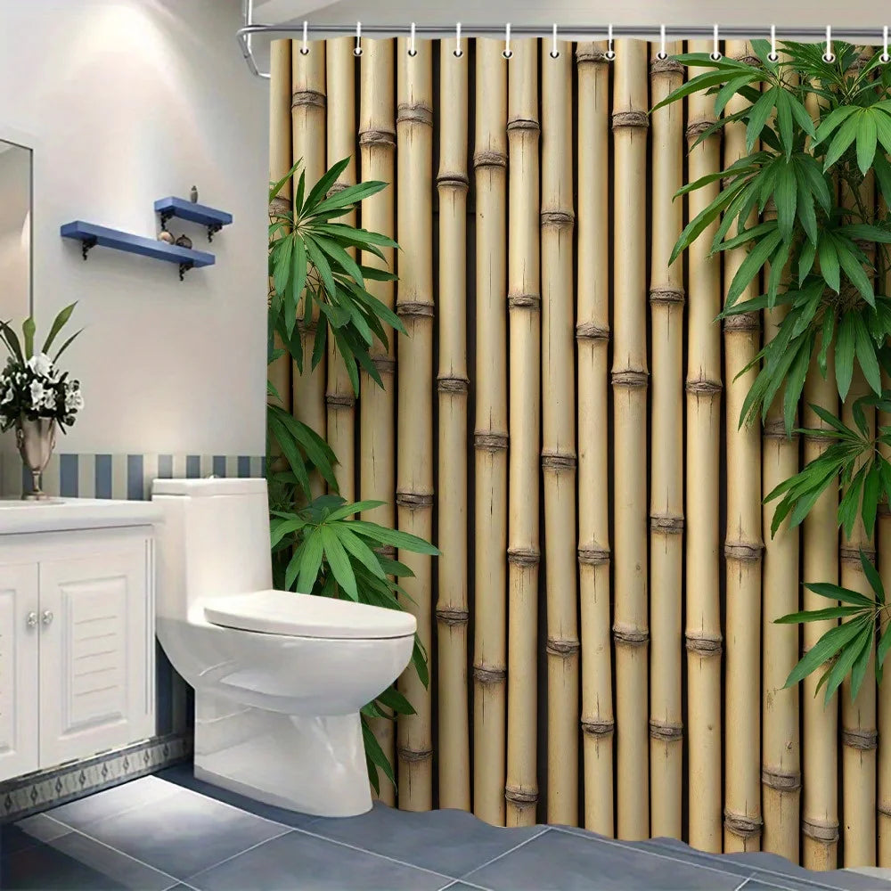 rideau douche polyester motif bambou beige vert naturel opacique tringle rideau anneaux zen salle