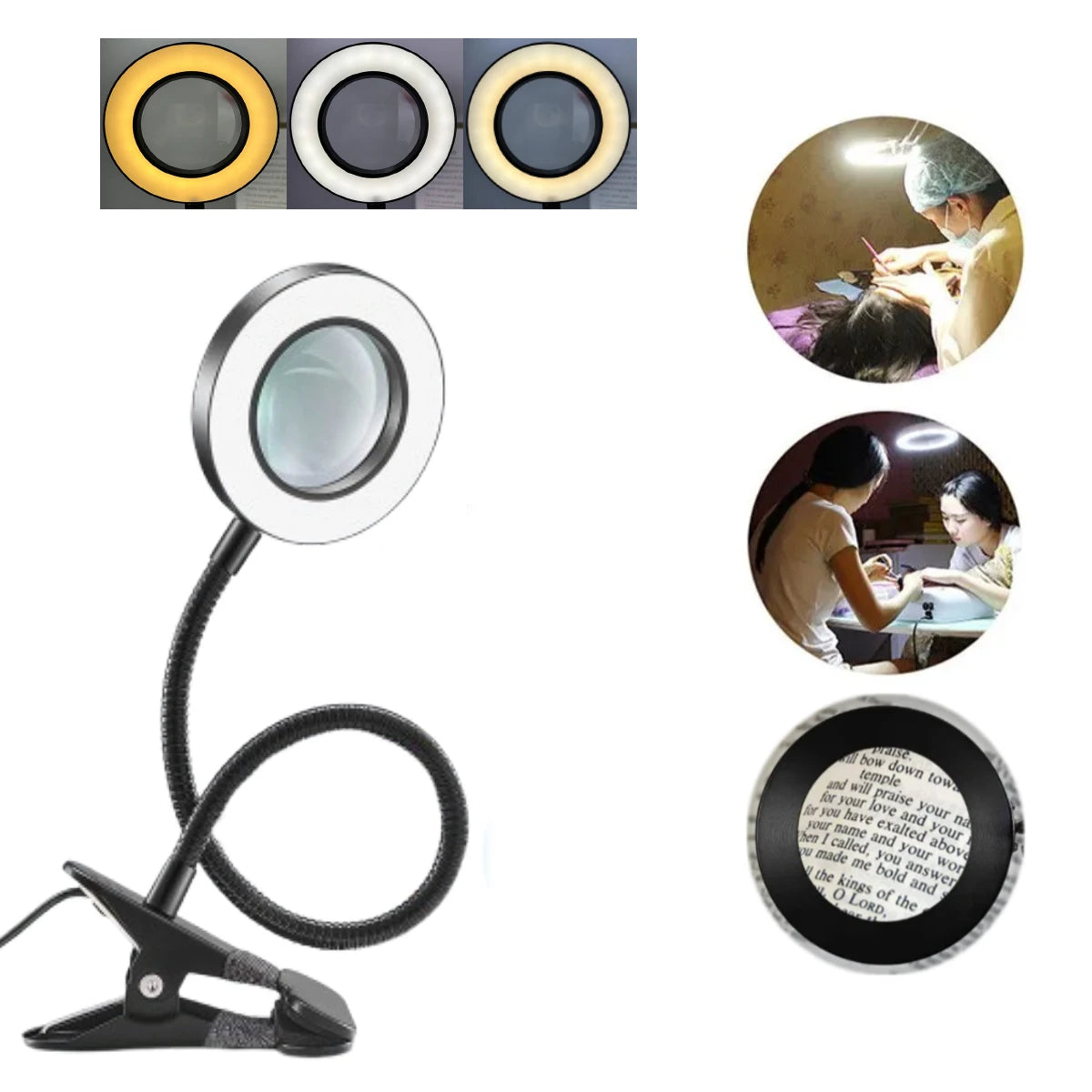 loupe led clip moderne interrupteur bouton poussoir câble usb noir blanc