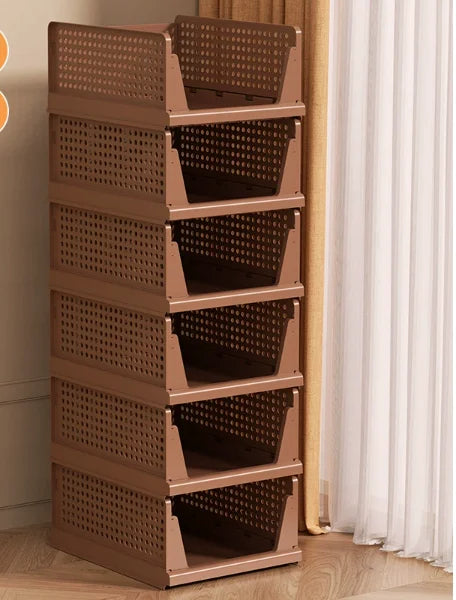 paniers rangement blancs perforés empilables respectueux environnement moderne fournis clips armoire vêtements pliés