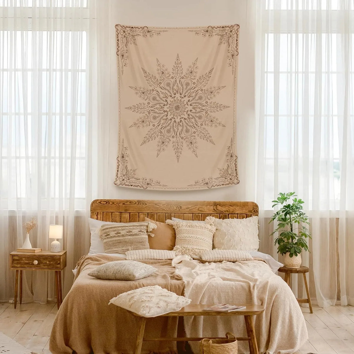 tapisserie murale boho chic motif floral complexe polyester beige clair foncé rectangle moderne