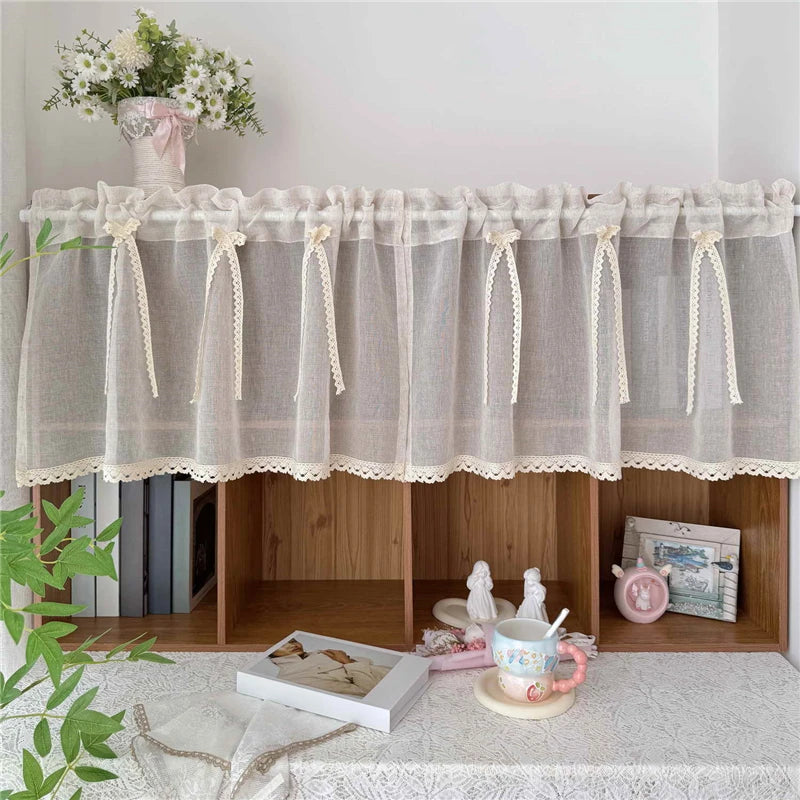 rideau transparent beige texturé dentelle bord fenêtre extérieure vintage rustique chambre décoration