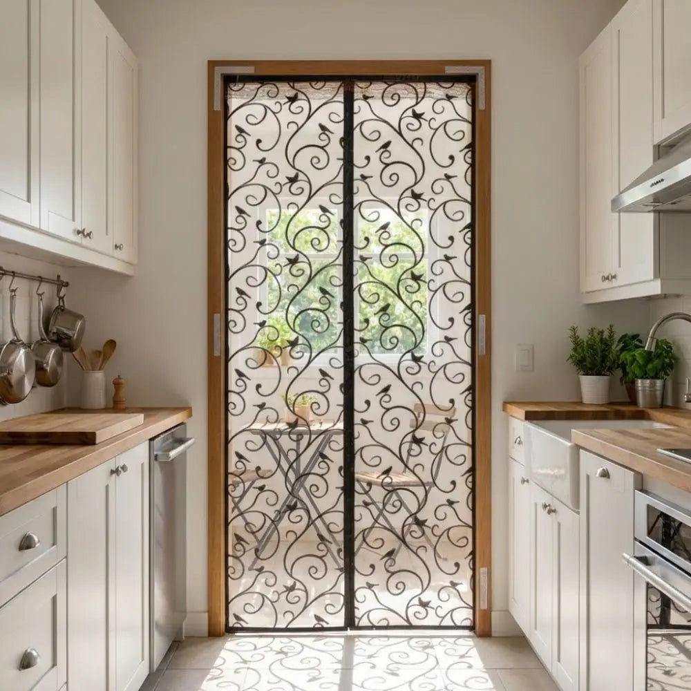 rideau porte moustiquaire adhésive motif floral oiseaux semi transparent blanc marron décoration fer forgé