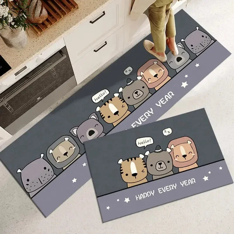 Des ours mignons et câlins de différentes couleurs sont dessinés sur un tapis gris représentant une nouvelle année pleine de bonheur.