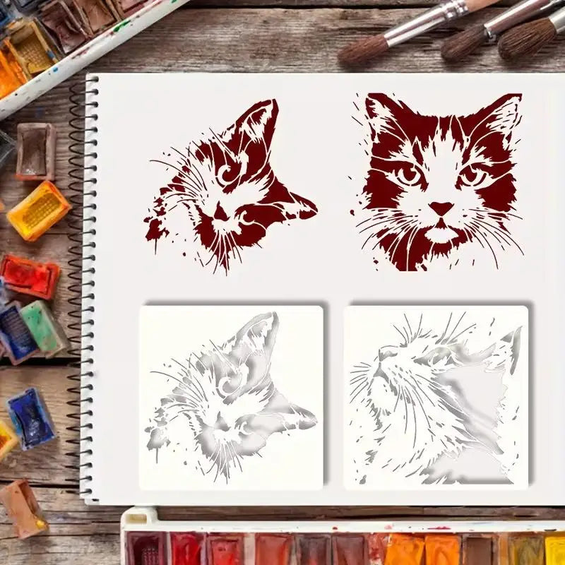 stencils peinture chat blanc marron bleu abstrait adhésif lavable rond