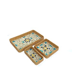 ensemble assiettes décoratives rotin motifs floraux boho rustique beige vert bleu blanc