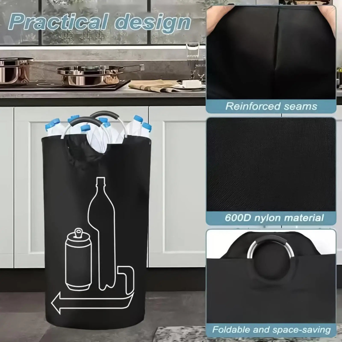 poubelle pliable recyclage bouteilles plastique canettes moderne utilitaire tissu texturé poignées noires anneaux métalliques