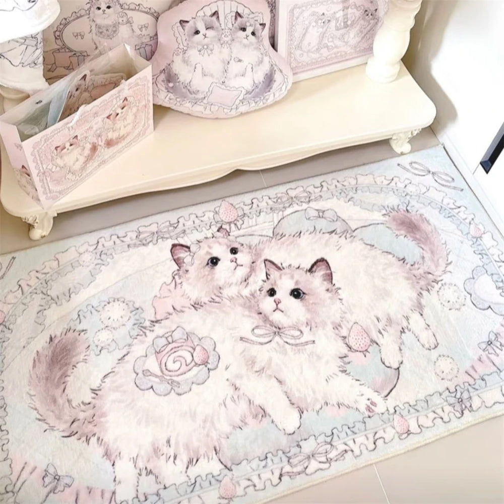 tapis dessin animé mignon chats coeurs rose polyester salon chambre décoration