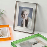 cadre photo mural moderne transparent jaune orange gris vert bleu rose suspension vis fixe