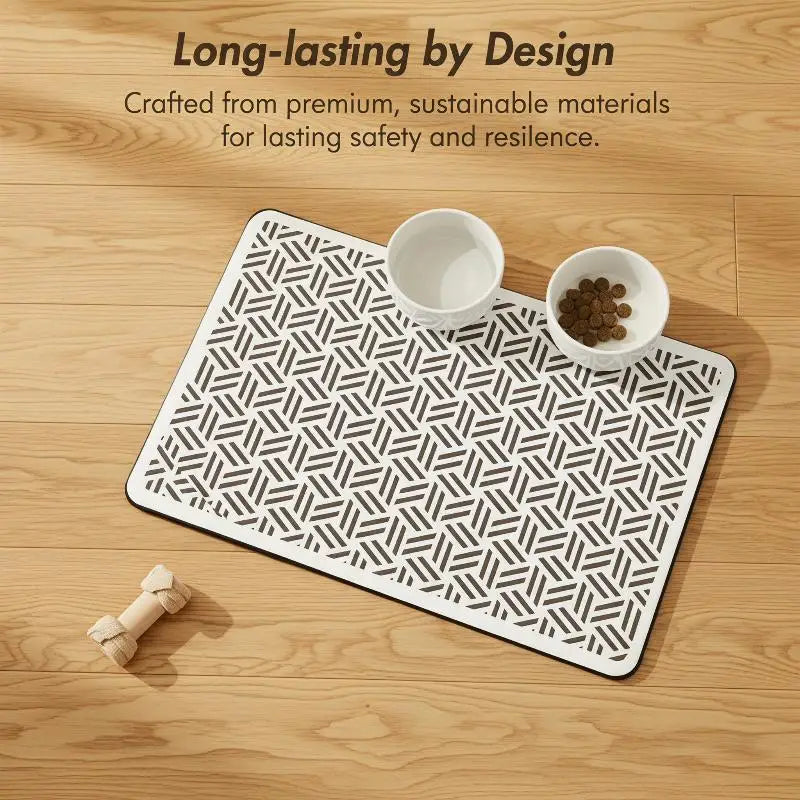 tapis nourrir animal blanc gris motif géométrique moderne anti dérapant deux bols métal