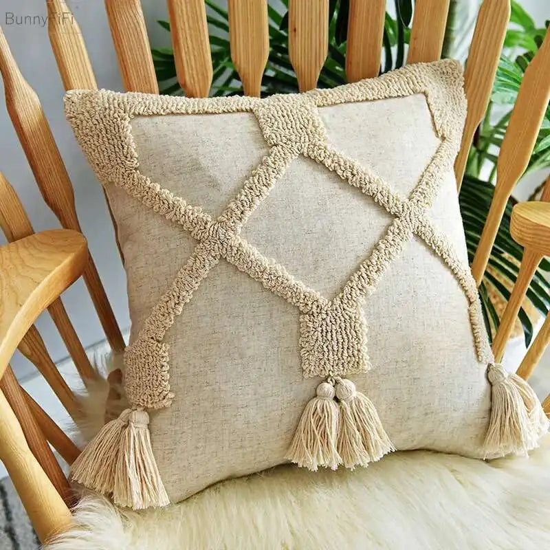 coussin carré beige motif losange texture bouclée décoration maison boho franges