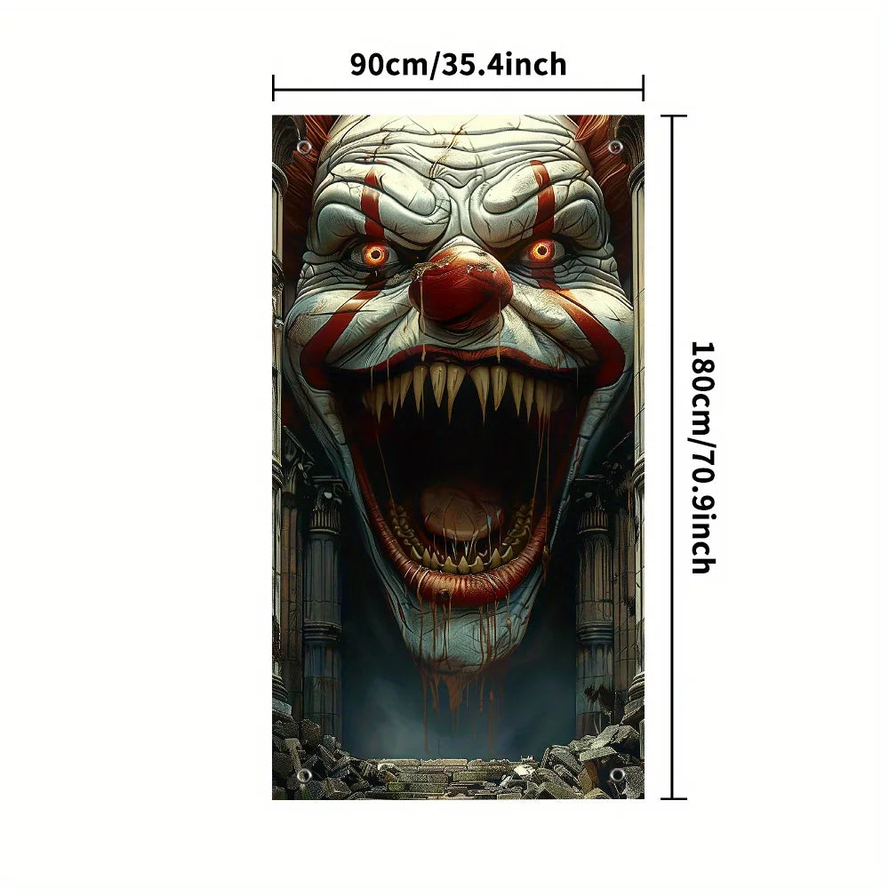 décoration halloween poster clown effrayant blanc rouge noir 90x180cm clips suspension cadre