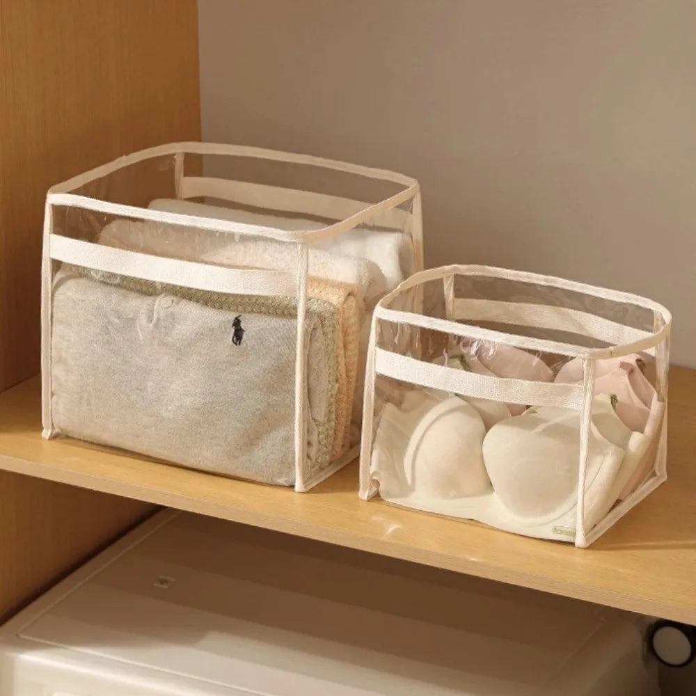 boîtes rangement transparentes modernes réutilisables poignées beige toiles unies grandes capacités