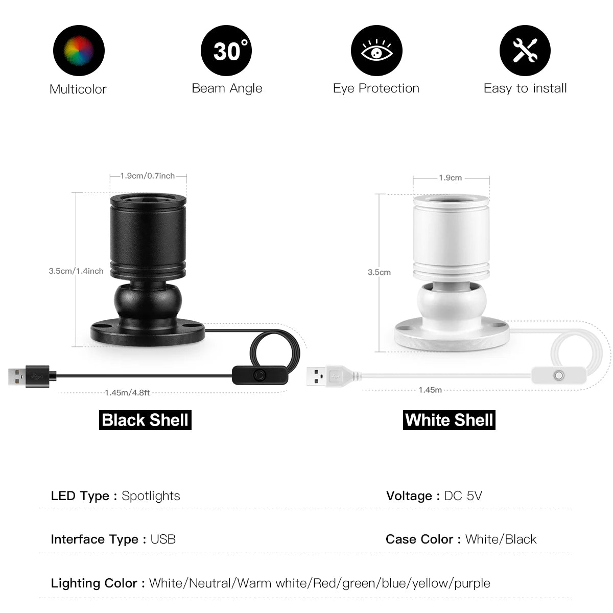 projecteur led usb noir blanc transparent moderne minimaliste vis fixation chargeur