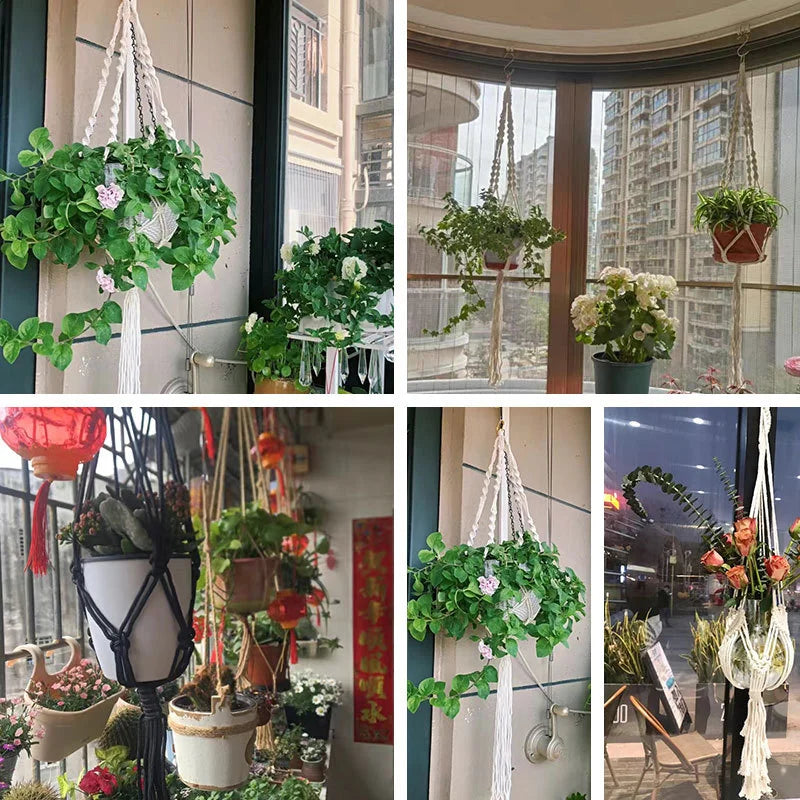 support plante suspendue macramé boho rotin blanc sculpté main decoration maison balcon jardin anneau