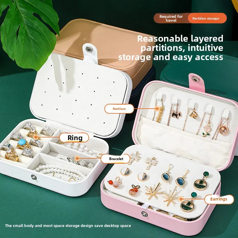 boîte bijoux multifonctionnelle simili cuir bleu marine moderne miroir portable pratique anneaux bracelets boucles