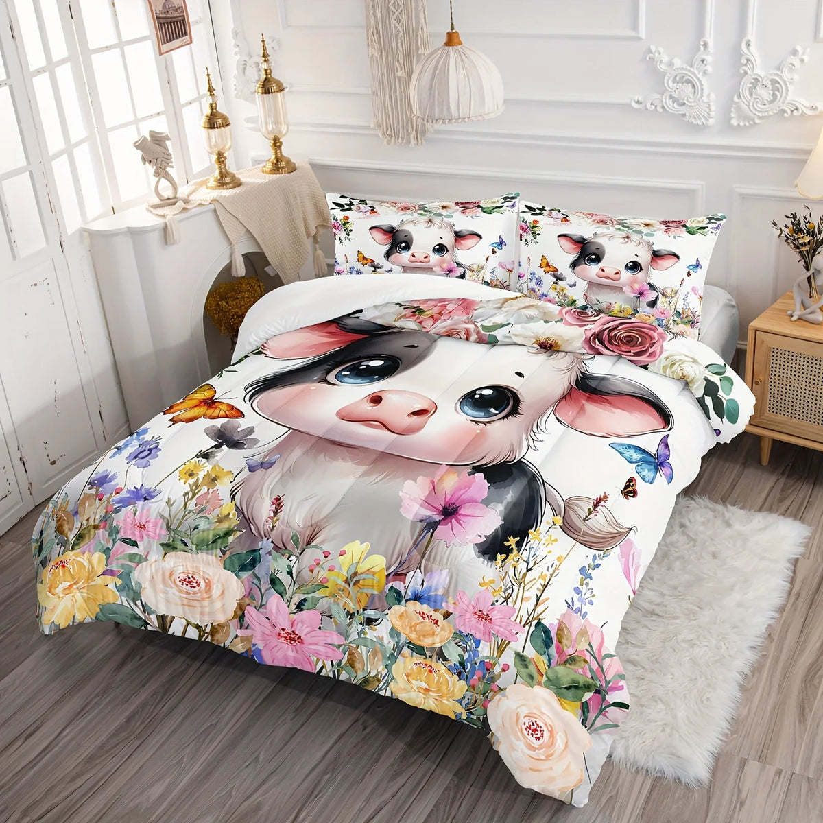ensemble literie impression 3d fleurs papillons visage vache moderne enfant blanc noir rose jaune