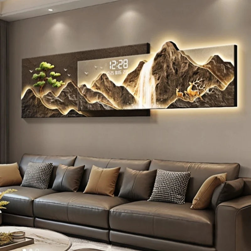 décoration murale lumineuse paysage montagneux cascade horloge digitale animaux moderne zen