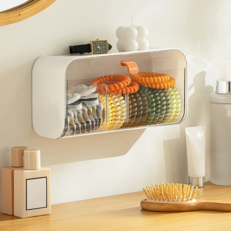 boîte rangement murale adhésive transparente blanche moderne maquillage disques coton applicateurs toilettage