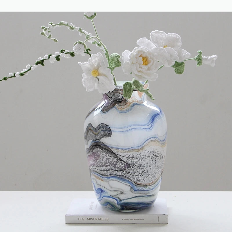 vase moderne opaques marbré blanc bleu gris rose vert jaune fleurs artificielles tableDecoration