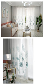 rideau tulle transparent feuilles stylisées moderne blanc vert clair fenêtre français polyester