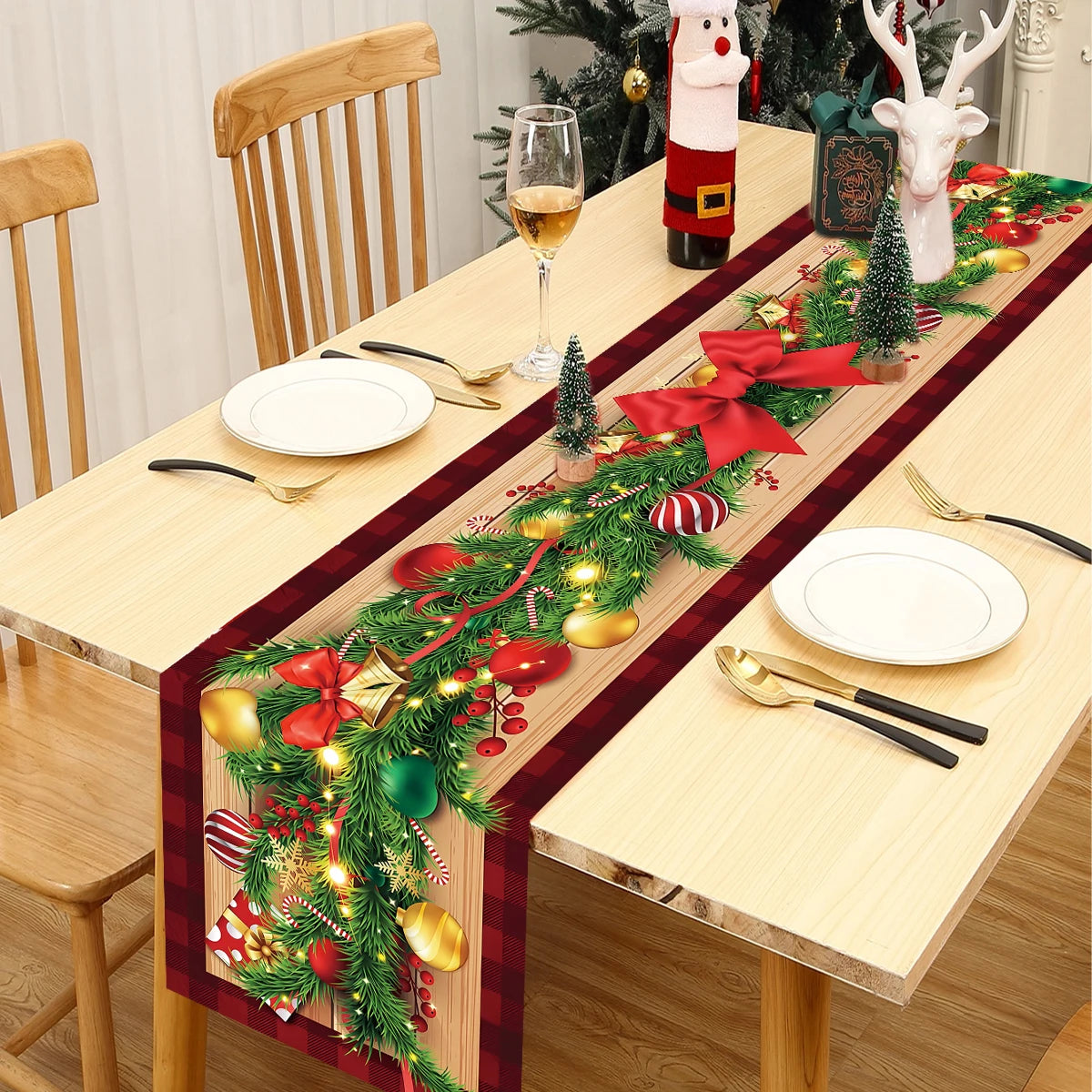 table noel chemin rouge blanc sapins flocons guirlandes decorations festive