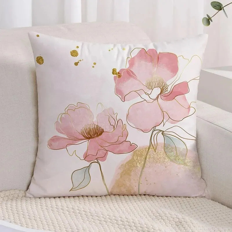 housse coussin imprimé fleurs roses dorées moderne blanc décoration maison 100 polyester