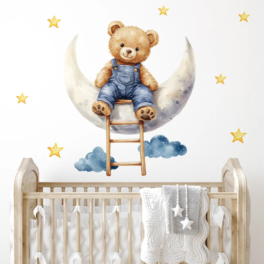 sticker mural dessin animé ours lune nuages étoiles enfants chambre décoration auto collant PVC