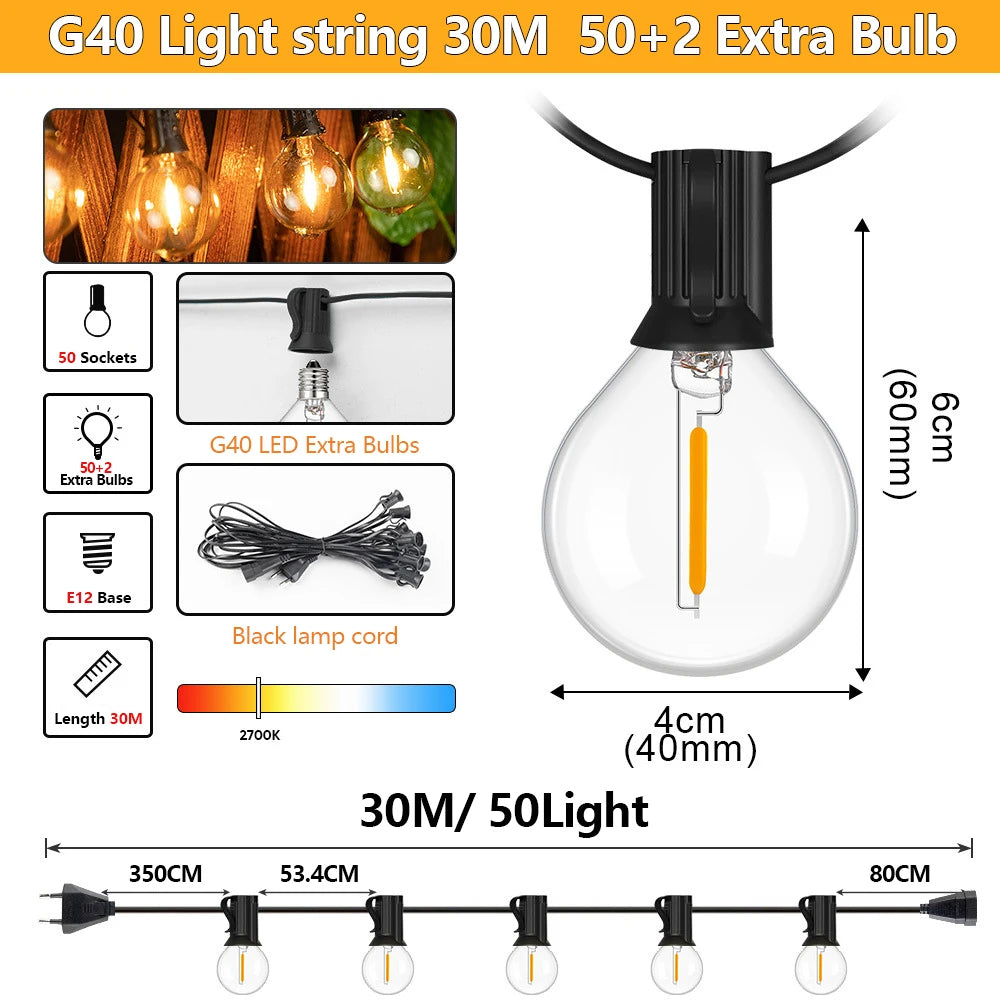guirlande lumineuse led ampoules globe vintage décoration maison 220v 100ft 30mètres
