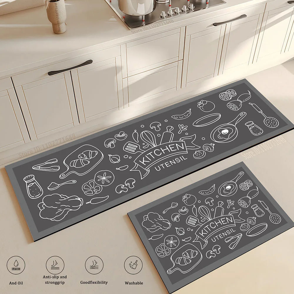 tapis cuisine noir gris anti fatigue antidérapant moderne graphique ustensiles cuisine coeurs