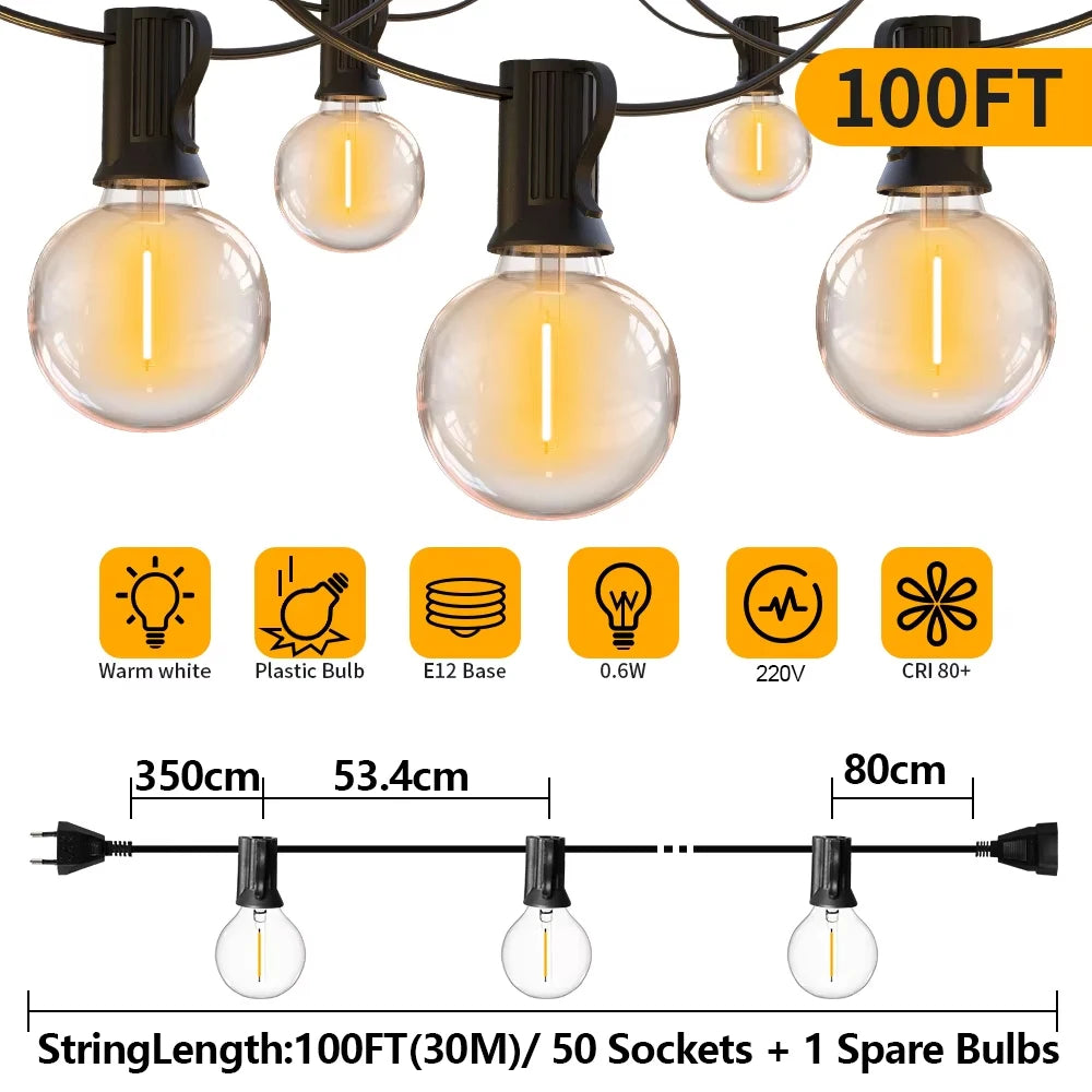 guirlande lumineuse vintage blanc chaud transparent 30m 50 ampoules e12 clips