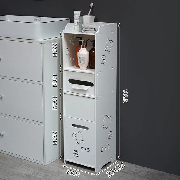 meuble rangement salle bain blanc moderne tiroir déchets étagères étroites