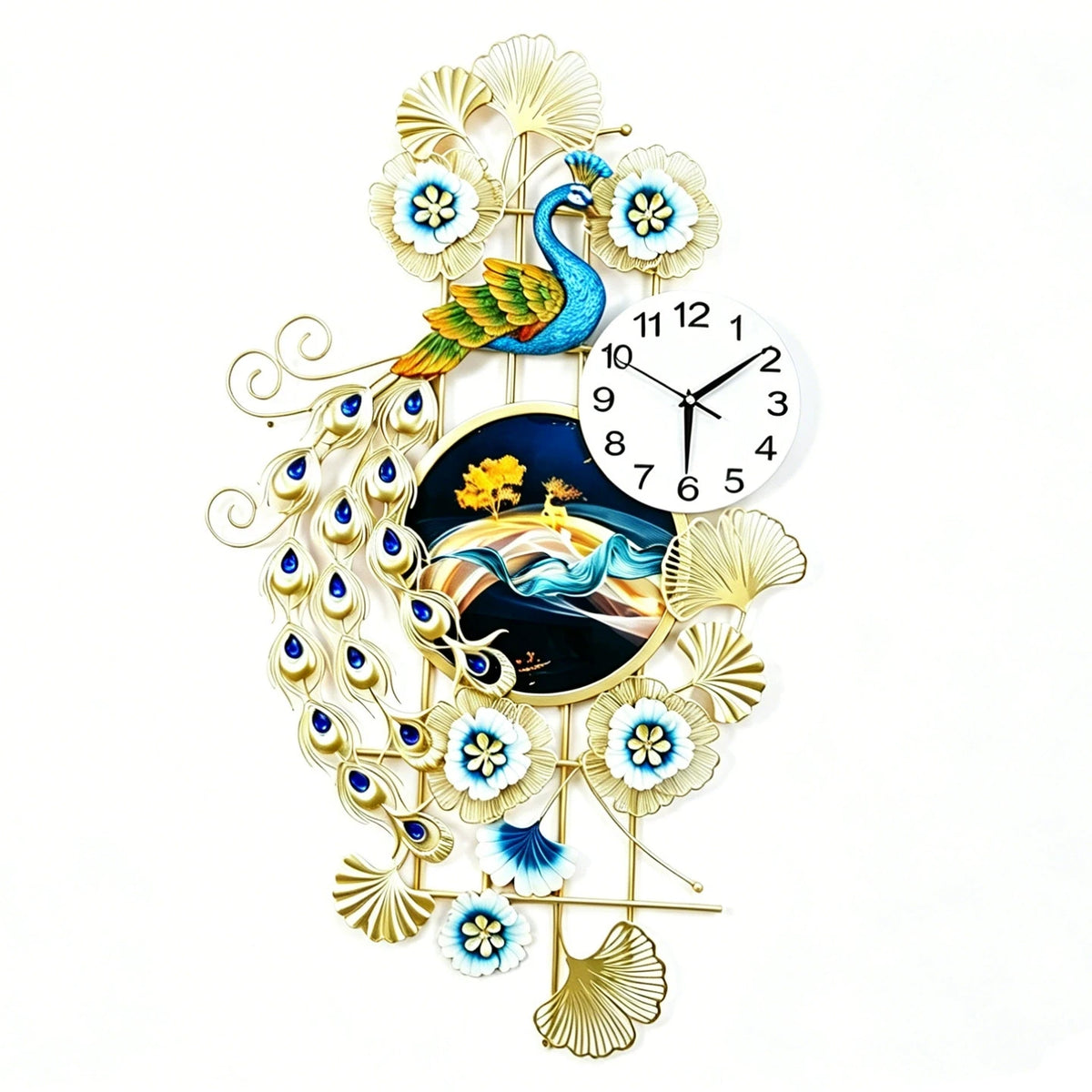 horloge murale paon plumes fleurs bleu doré moderne décoration intérieure fixations ornementales
