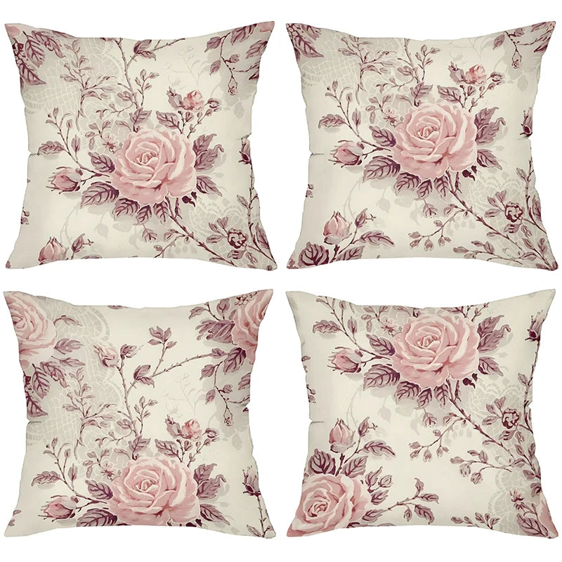 housses coussin imprimé floral vintage beige fleurs roses vertes decoratifs maison lit canape 45x45cm