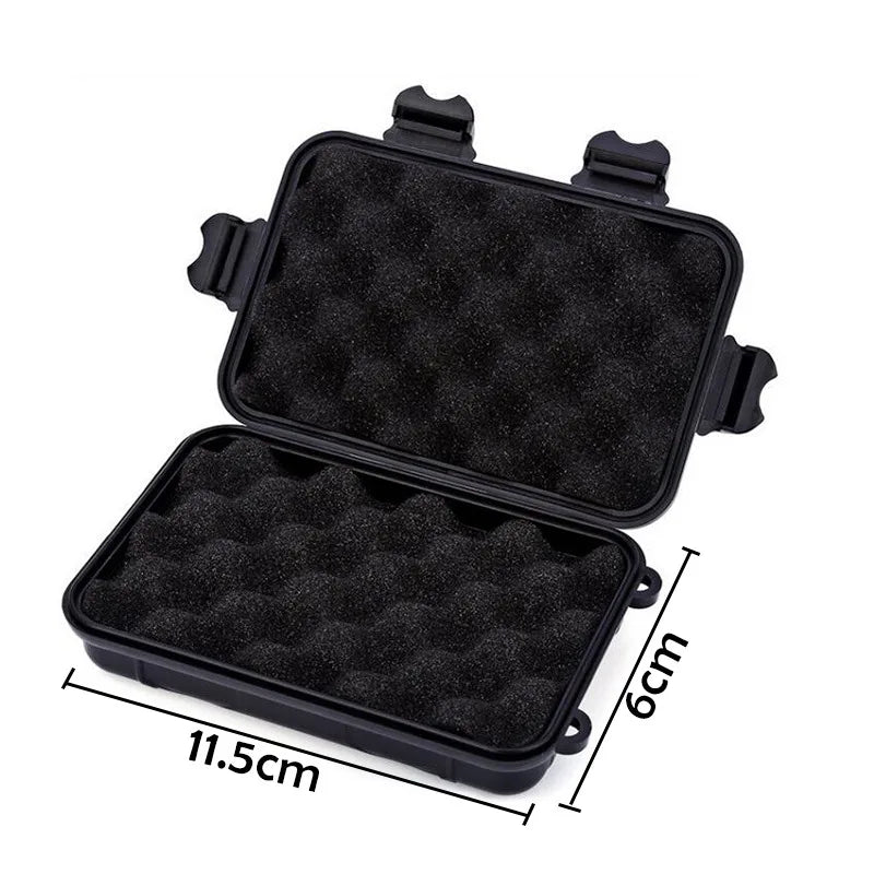 boîte rangement pratique robuste noire orange beige motifs géométriques contenant trousse secours lampe couteau