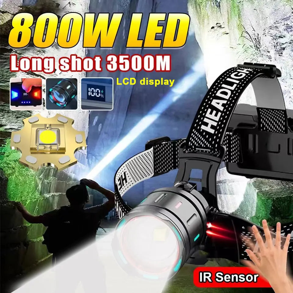 lampe frontale led 800w noir bleu rouge vert clip lcd camping chasse