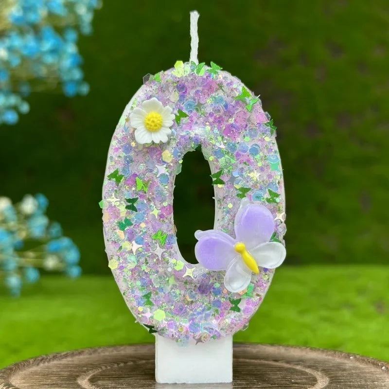 bougies numérales pailletées fleurs reliefs adhésives anniversaire enfant violet blanc vert bleu doré