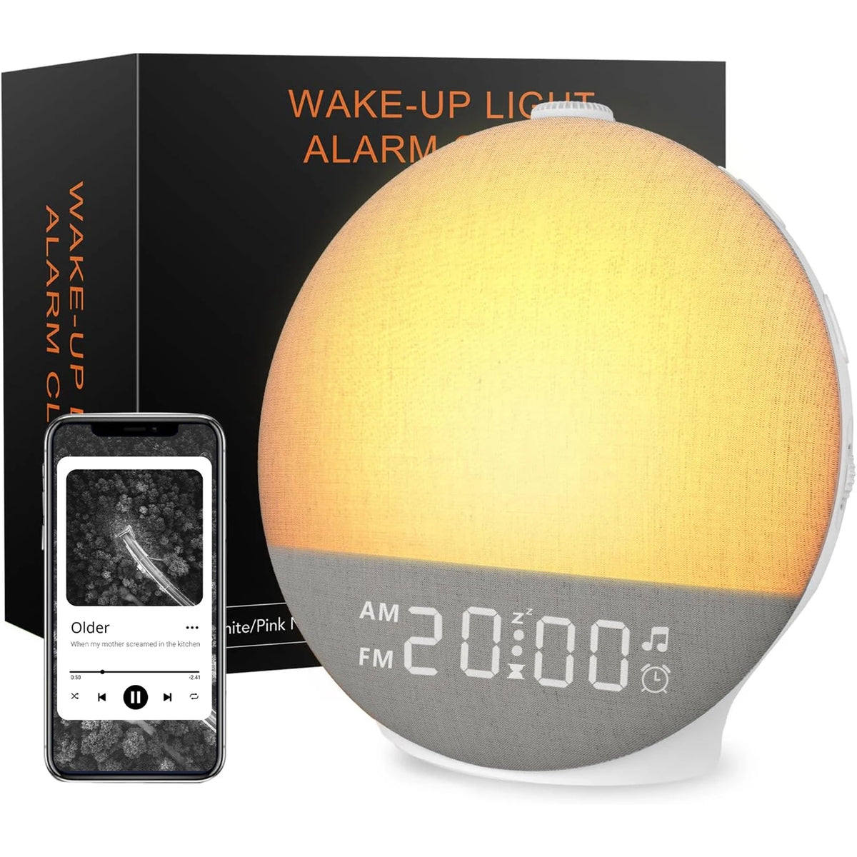 lampe d'ambiance moderne blanc gris tissu sons apaisants affichage numérique bluetooth wake up light
