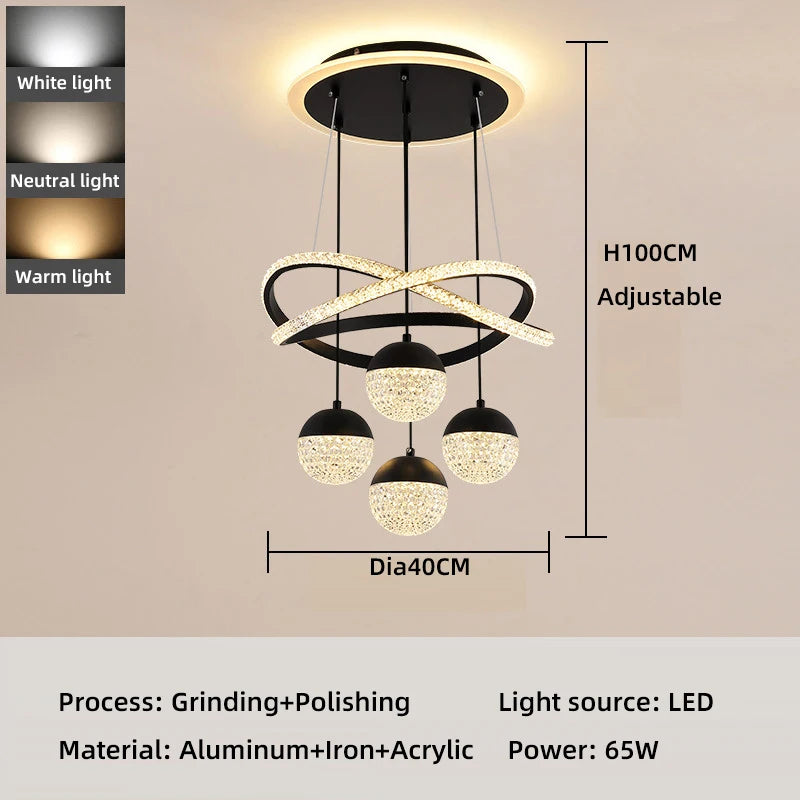 suspension lumineuse moderne or noir diamants transparents anneaux brillants contemporain led