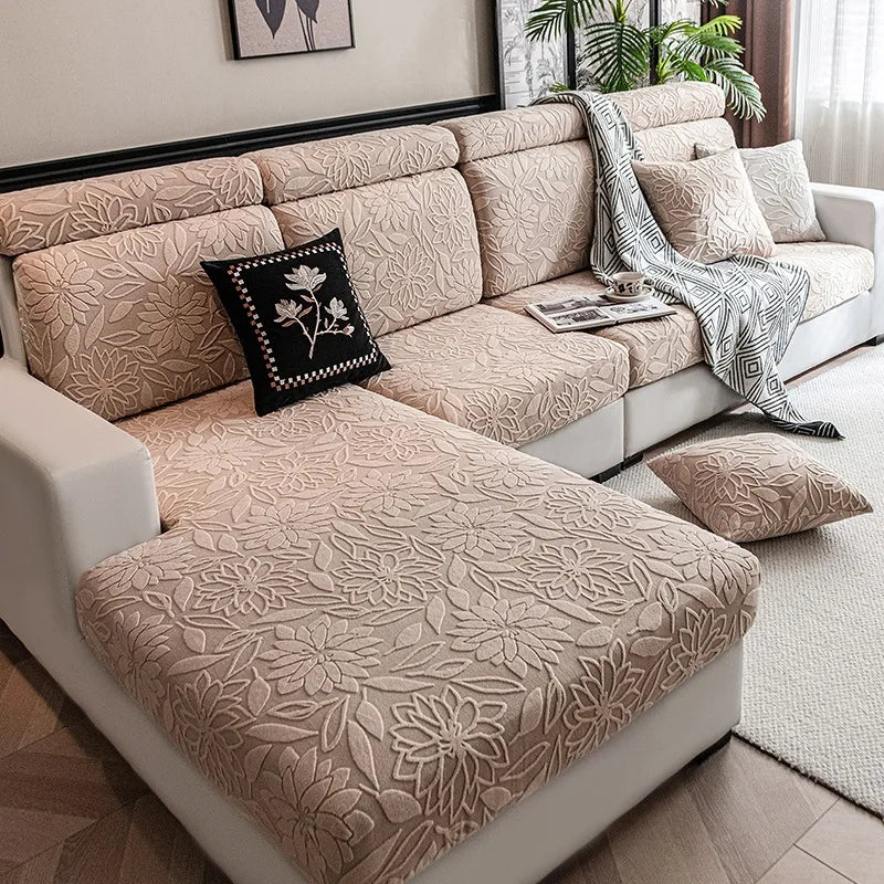 housse canapé extensible beige fleurs imprimées moderne salon tissu jacquard protection animaux
