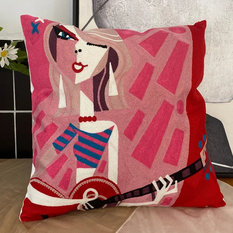 housse coussin coton brodé motifs abstraits visages stylisés moderne pop art bleu blanc orange