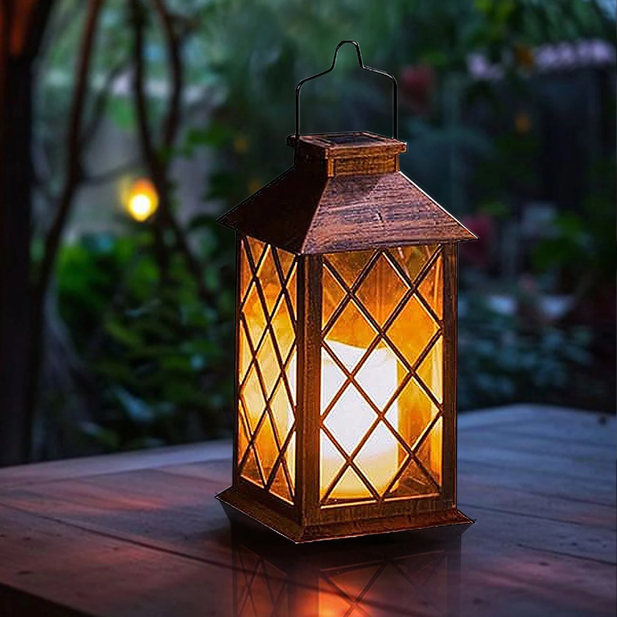 lanterne solaire suspendue vintage bougie led marron grille contemporaine étanche patio jardin fête