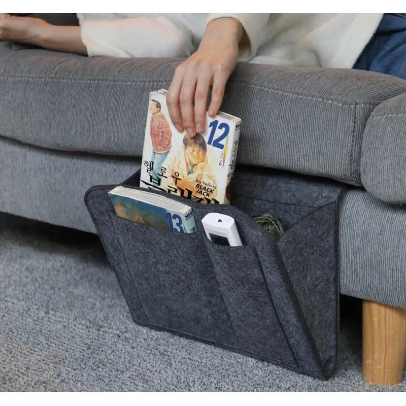 organisateur suspendu feutre gris literie rangement moderne portable livres magazines téléphone écouteurs lunettes