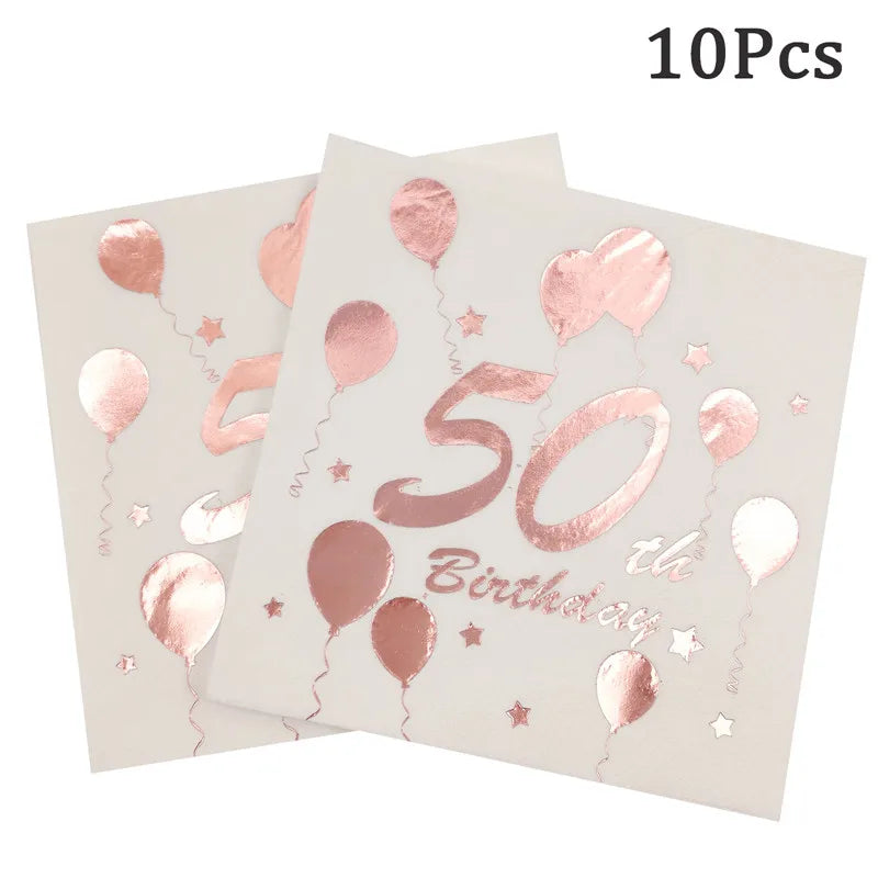 serviettes papier anniversaire rose pâle ballons chiffres étoiles effet métallique 30 40 50 60
