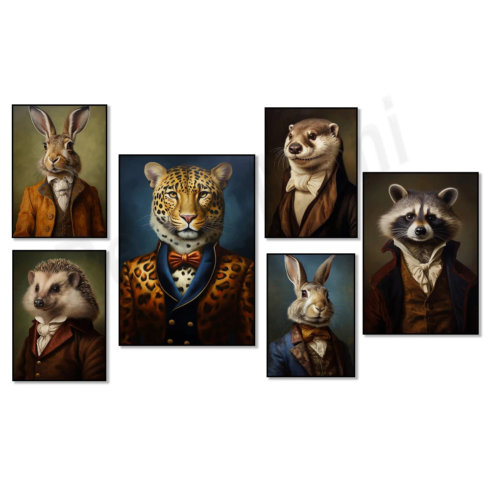 Une collection de portraits élégants mettant en scène des animaux habillés en tenues de maîtres d'hôtel et de gentlemen, offrant une vision imaginative et humoristique d'un monde animal anthropomorphe.