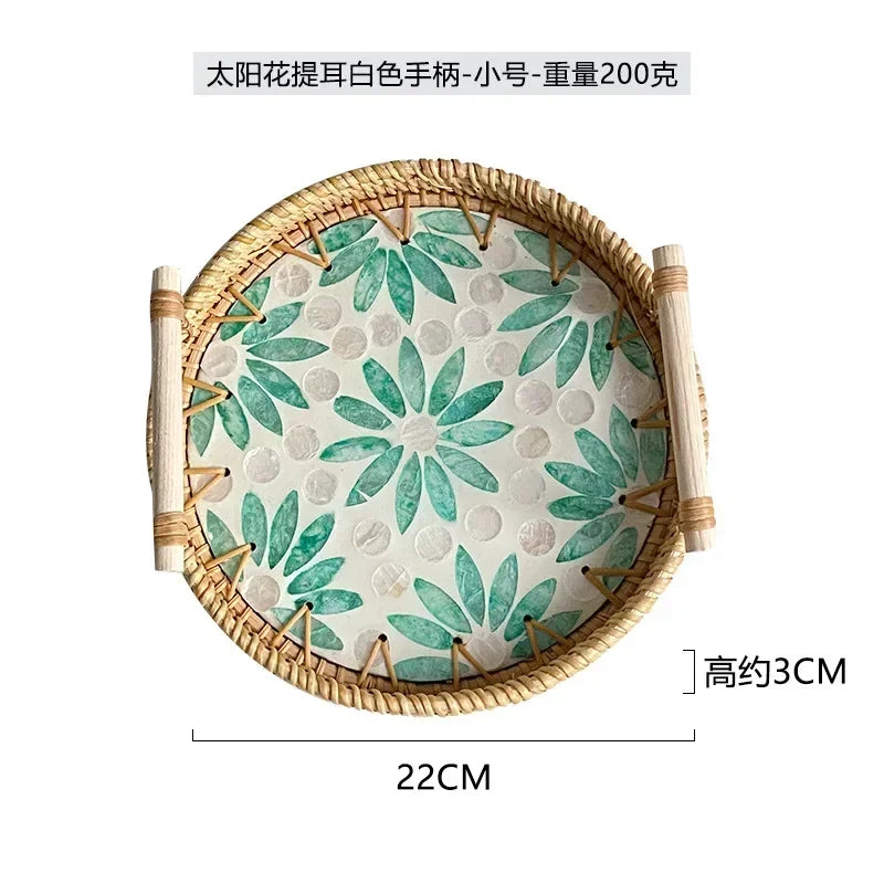 assiettes plates rotin mosaïque coquillages poignées bambou boho rustique naturel blanc vert bleu jaune