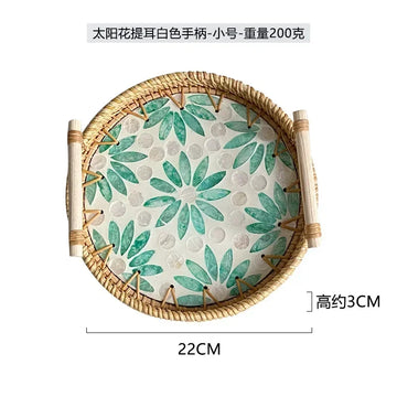 assiettes plates rotin mosaïque coquillages poignées bambou boho rustique naturel blanc vert bleu jaune