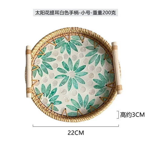 assiettes plates rotin mosaïque coquillages poignées bambou boho rustique naturel blanc vert bleu jaune