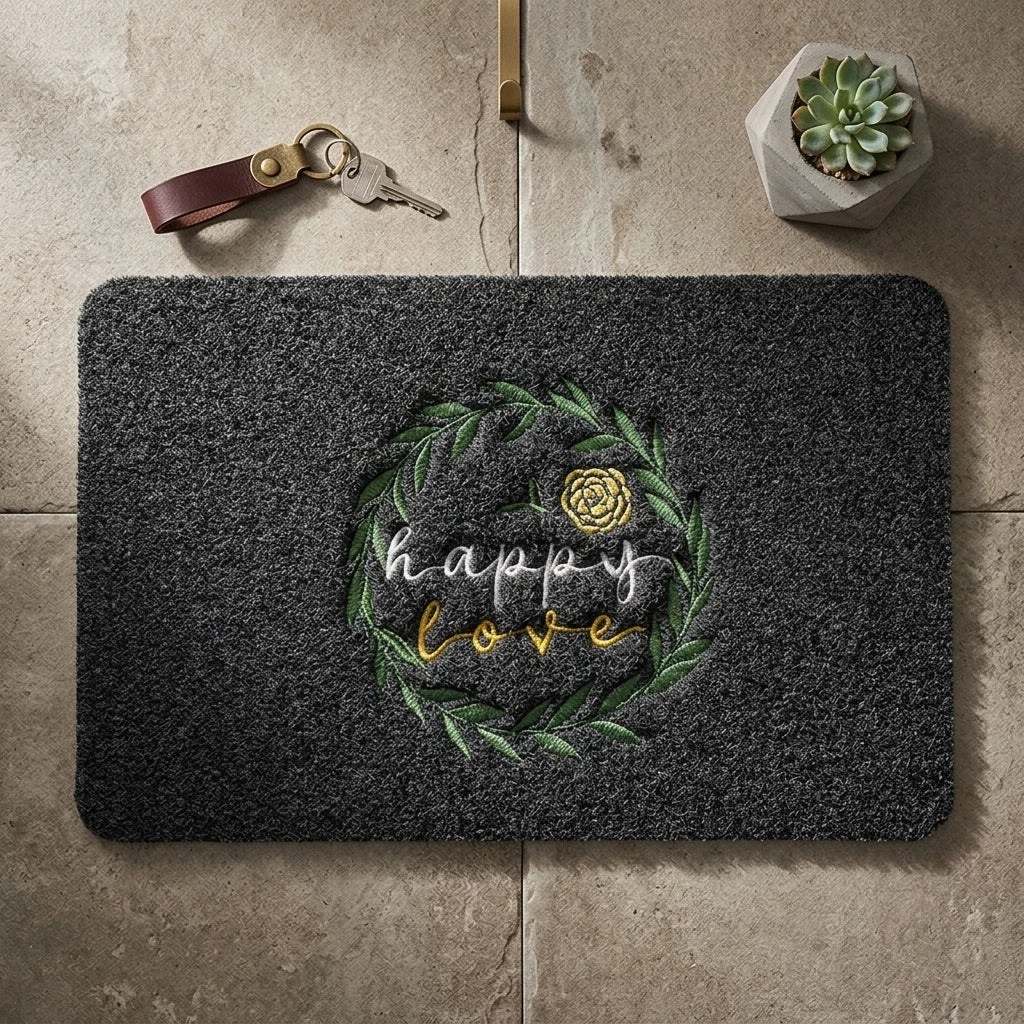 tapis d'entrée imperméable anti bactéries antidérapant moderne noir floral happy love porte bain