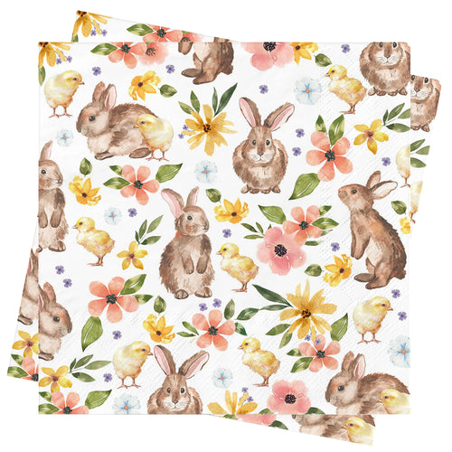 serviettes multicolores lapins poussins fleurs pâques thème fete printemps decoration table usage unique pack